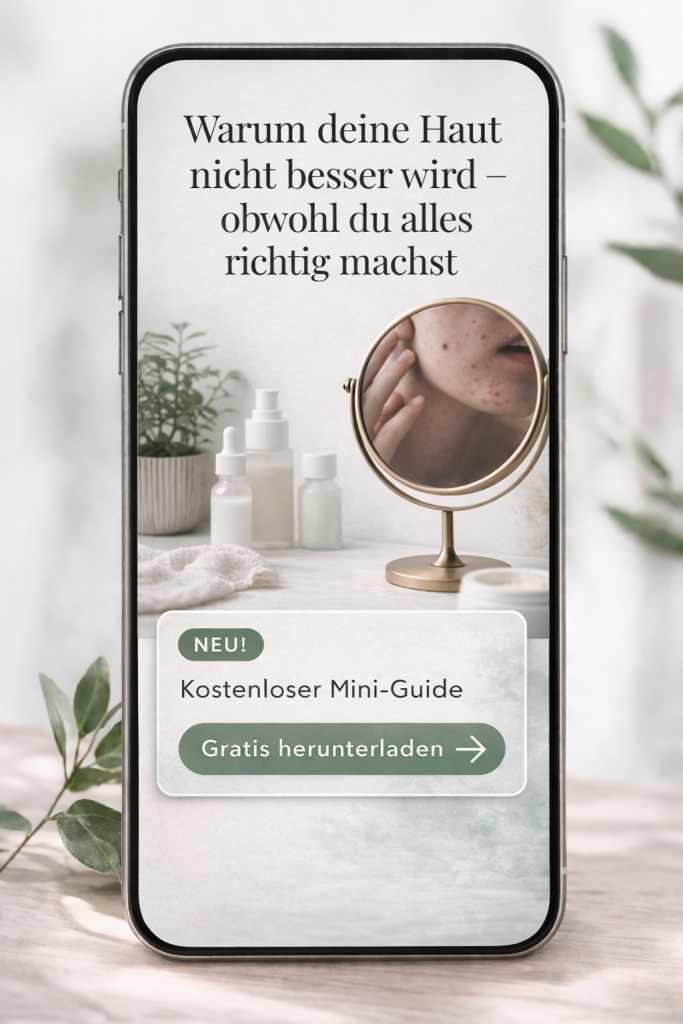 Smartphone-Bildschirm zeigt einen Tisch mit Pflegeprodukten und einen Tischspiegel mit einem Gesicht mit unreiner Haut. Der Titel zeigt: Warum deine Haut nicht besser wird- obwohl du alles richtig machst. Das Bild fordert zum Download des kostenlosen Mini-Guides auf. 