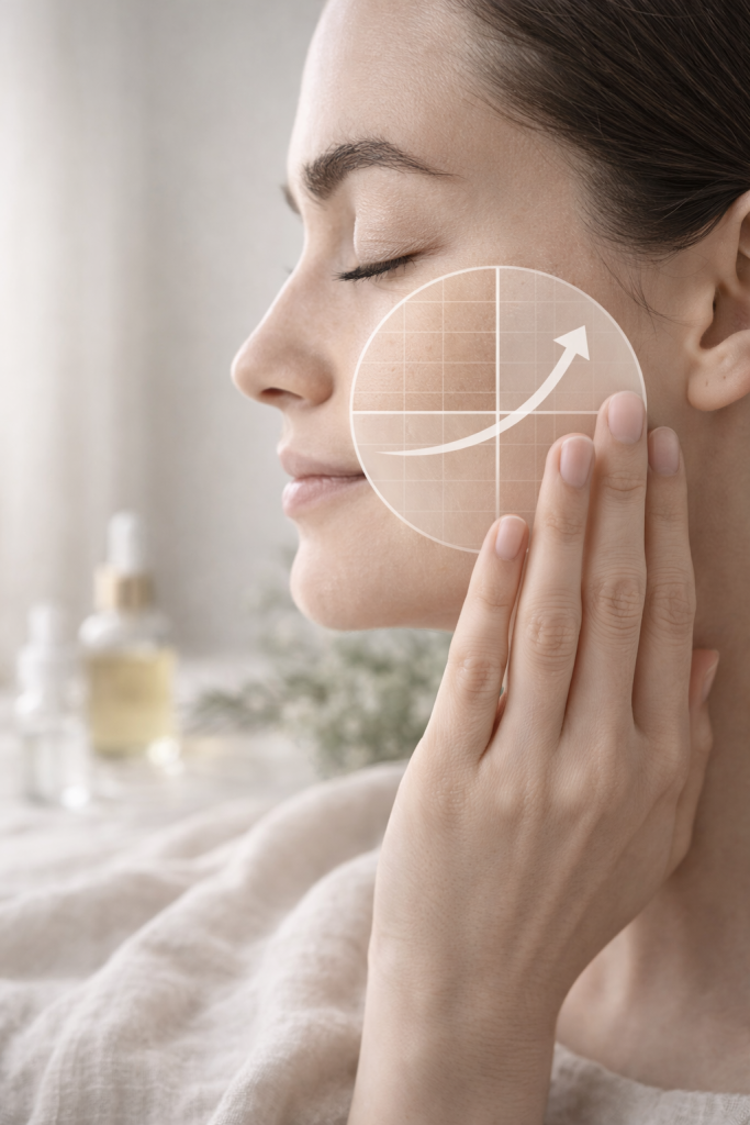 Eine Frau genießt das Pflegen ihrer Haut. Sie wirkt entspannt. Das Bild vermittelt Wohlgefühl. Im Hintergrund sind verschiedene Fläschchen mit Seren.