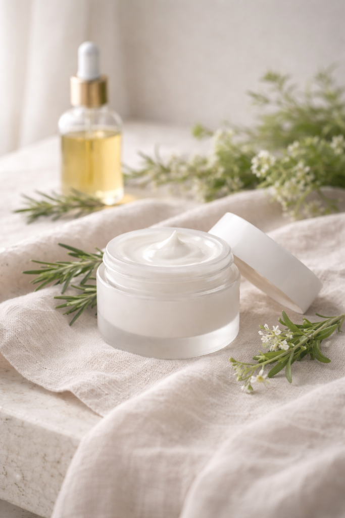 Offene Cremedose mit weißer Creme steht auf einem Leinentuch. Im Hintergrund steht ein kleines Serumfläschchen.