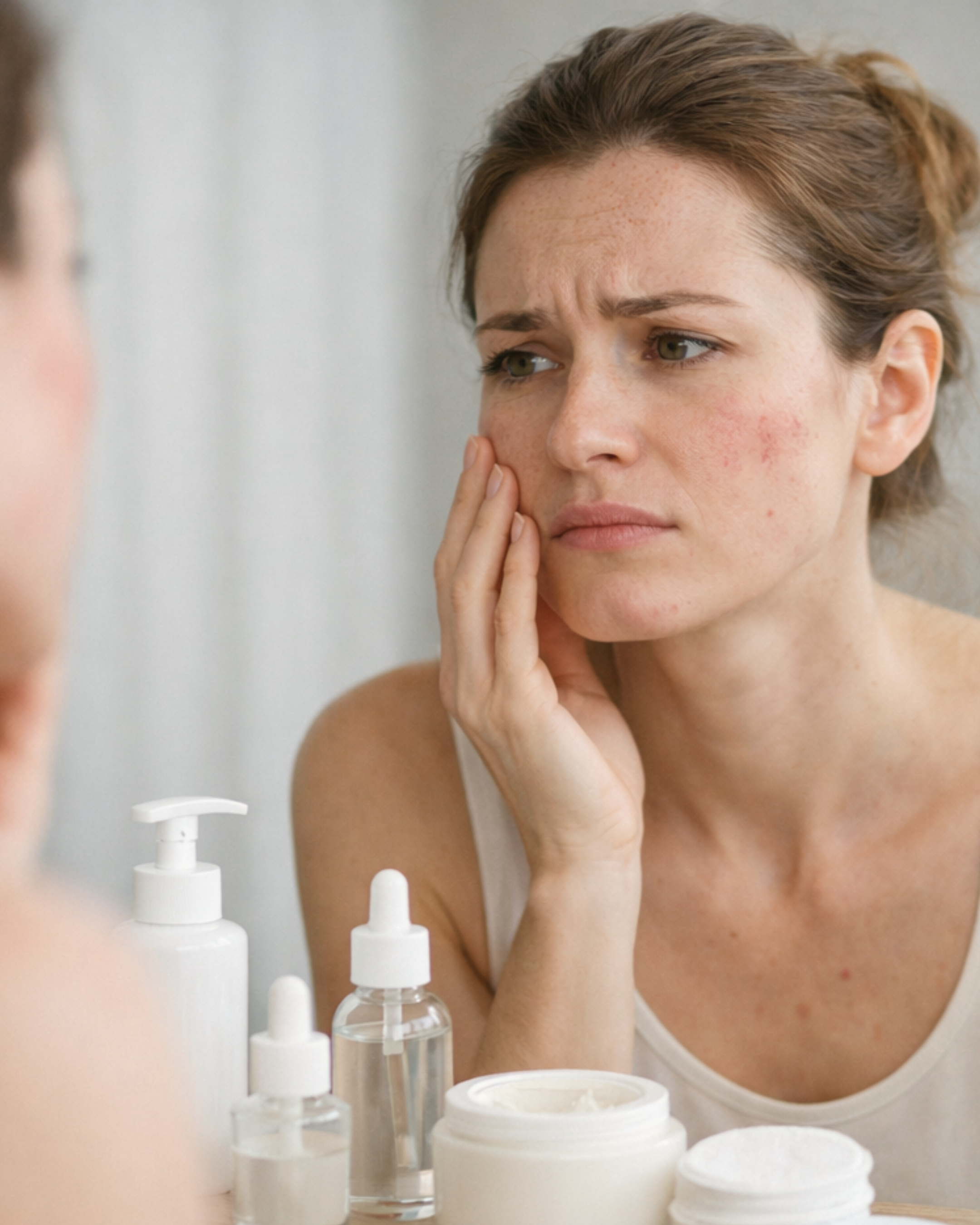 Junge Frau mit unreiner Haut blickt in den Spiegel. Verschiedene Pflegeprodukte stehen auf dem Tisch. 
