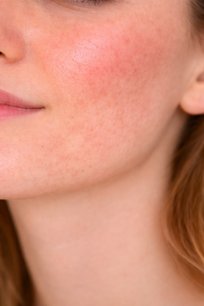 Wangenpartie überreizter Haut. Wange ist gerötet und die Haut spannt.