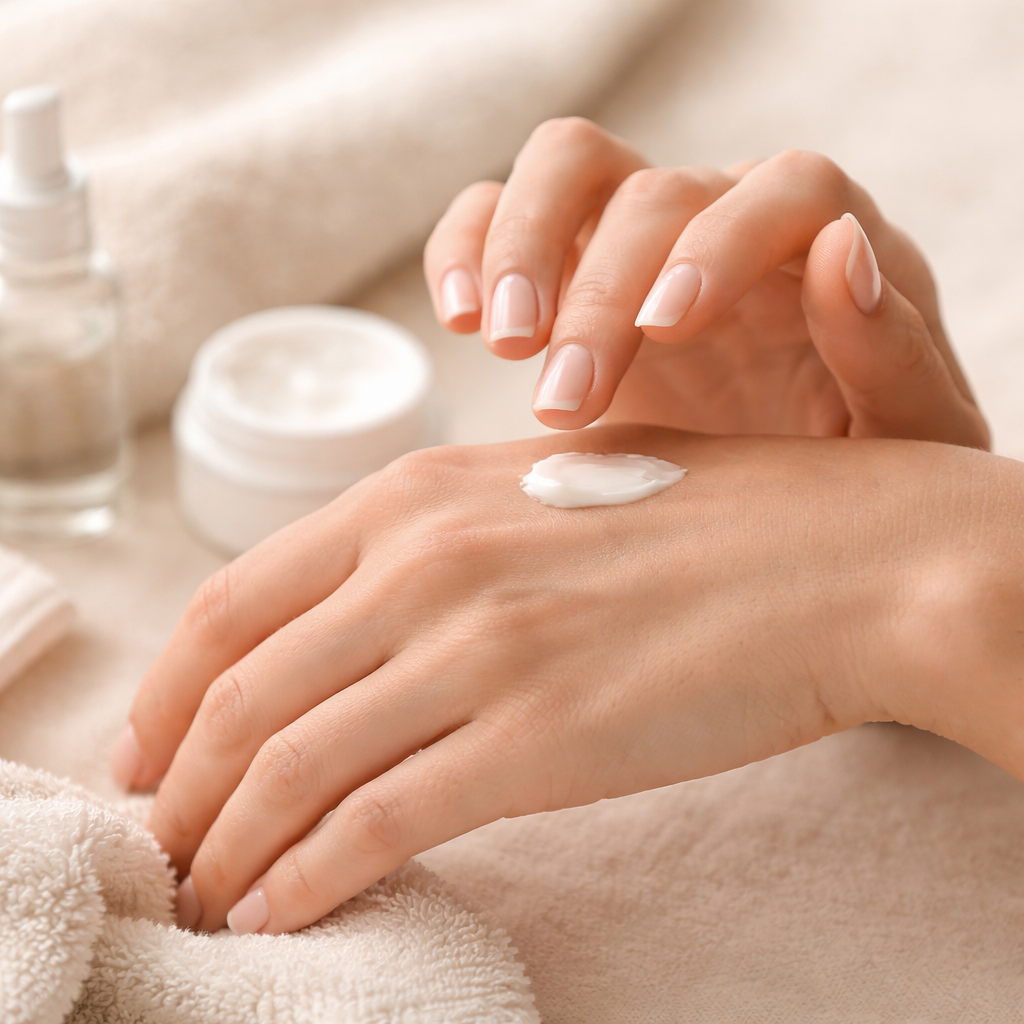 Creme auf dem Handrücken einer sehr gepflegten Hand. 