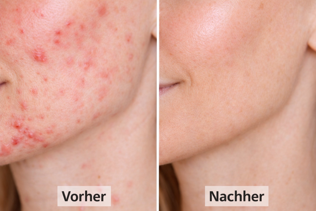 Vorher-Nachher Gegenüberstellung von einer sichtbar entzündeten Wangenpartie. Entzündete Pustel, Rötungen und Pickel. Rechts, ein gesundes Hautbild. 