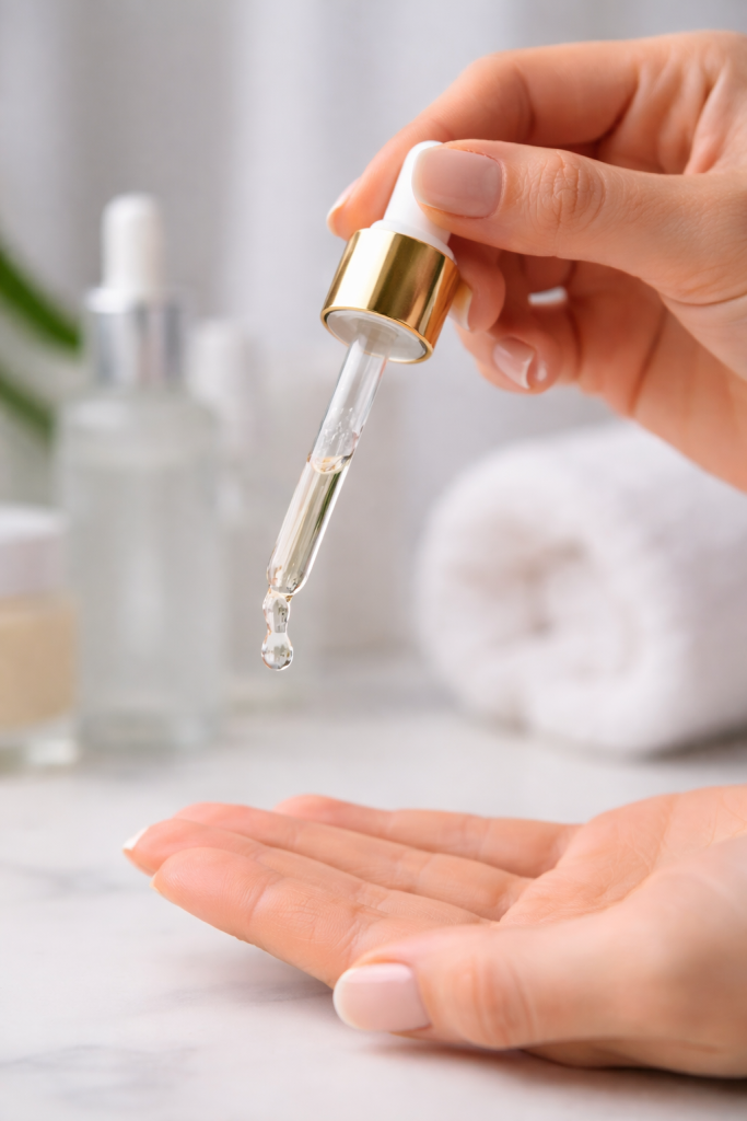 Mit Flüssigkeit gefüllte Pipette tropft auf eine Hand.