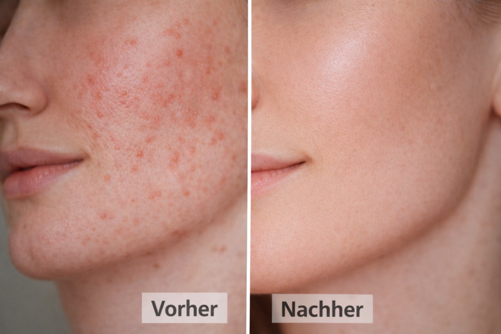 Gegenüberstellung: Vorher-Nachherbild. Hautpartie mit verstopften Poren, sichtbaren Unreinheiten.
