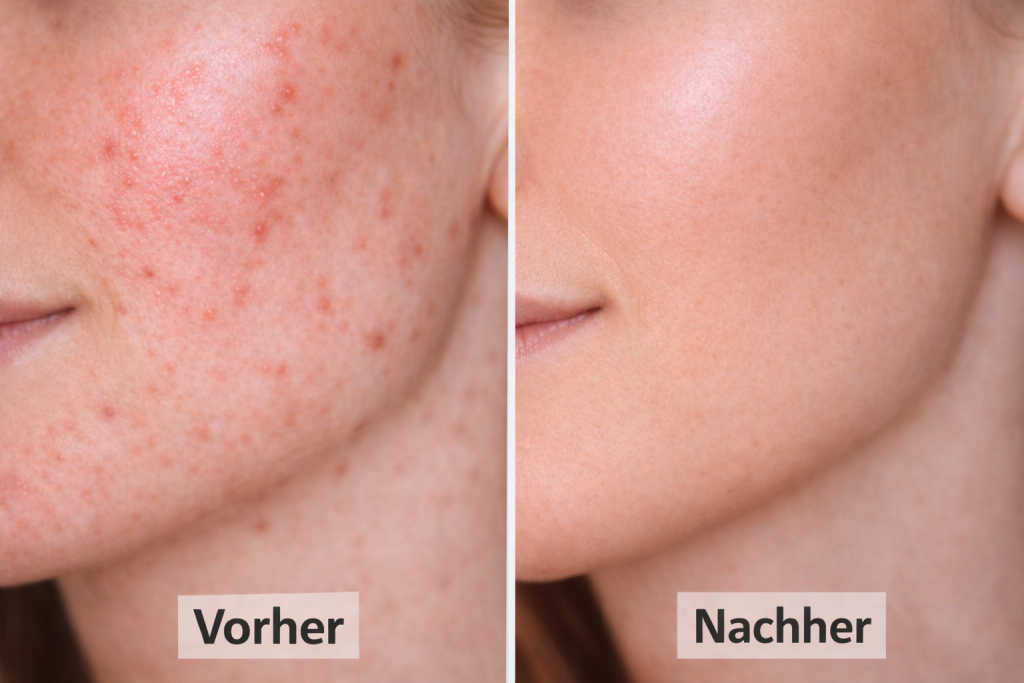 Vorher-Nachher Bild einer Gegenüberstellung von reiner gesunder Haut und überreizter Haut. Sie zeigt Pickel, Rötungen und Unebenheiten.