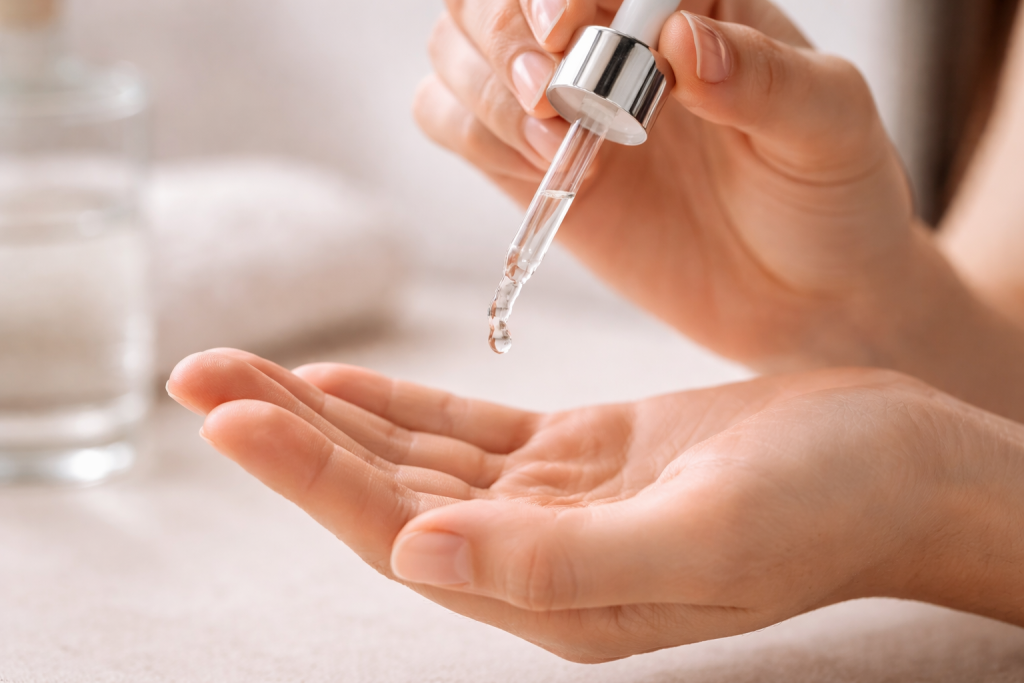 Hand die einen klaren Tropfen aus einer Pipette auffängt.