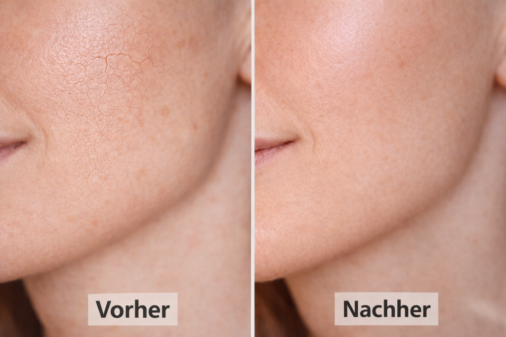Vorher-Nachher-Bild links: geschwächte Hautbarriere, wirkt sehr trocken und unebenmäßig. Rechts- gesunde reine Haut.
