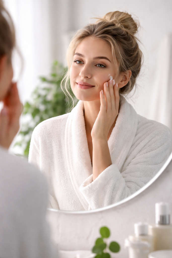 Junge Frau im Bademantel lächelt in den Spiegel und pflegt ihre Haut mit einer Creme.