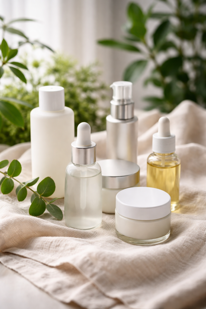 Verschiedene Pflegeprodukte stehen ästhetisch auf einem Leinentuch. Im Hintergrund sind grüne Pflanzen die sich bis zu den Produkten vorstrecken.