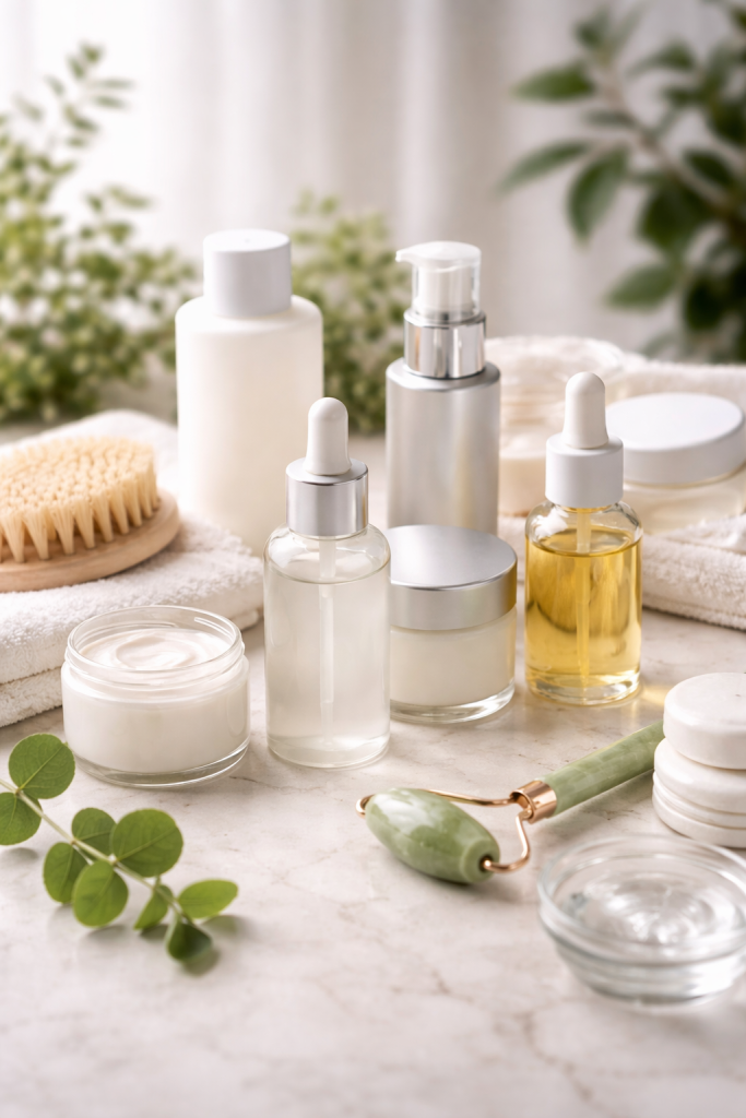 Diverse Pflegeutensilien stehen stilvoll auf einem Mamortisch. In Hintergrund sind grüne Pflanzen sichtbar.