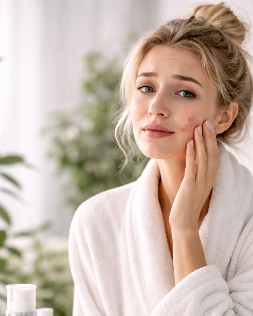 Junge Frau greift sich ins Gesicht auf eine sichtbar gerötete Stelle. 