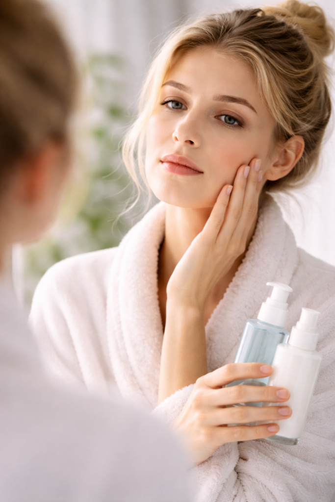 Junge Frau blickt in den Spiegel und hält 2 Pflegeprodukte in der Hand.