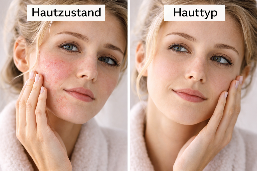Links: junge Frau mit sichtbar geröteter und überreizter Haut greift sich mit der Hand ins Gesicht. Darüber steht Hautzustand. Rechts: dasselbe Bild mit reiner Haut und der Überschrift: Hauttyp.
