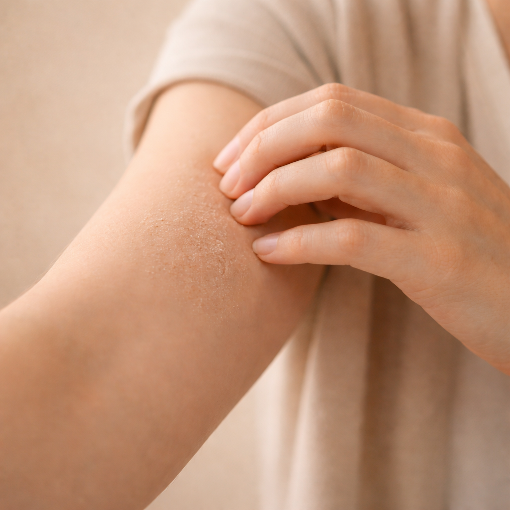 Hand greift sich auf den Oberarm, der eine trockene schuppige Hautstelle aufweist.