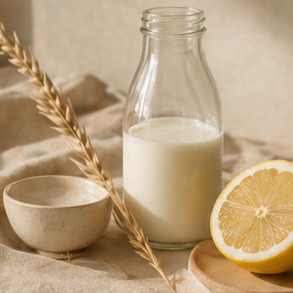 Eine halbgefüllte Milkanne aus Glas steht auf einem Leinen-Tischtuch. Daneben steht eine leere Keramikschüssel und ein Getreidekorn ist daran angelehnt. Auf der anderen Seite liegt eine Zitronenhälfte auf einer Holzschale.