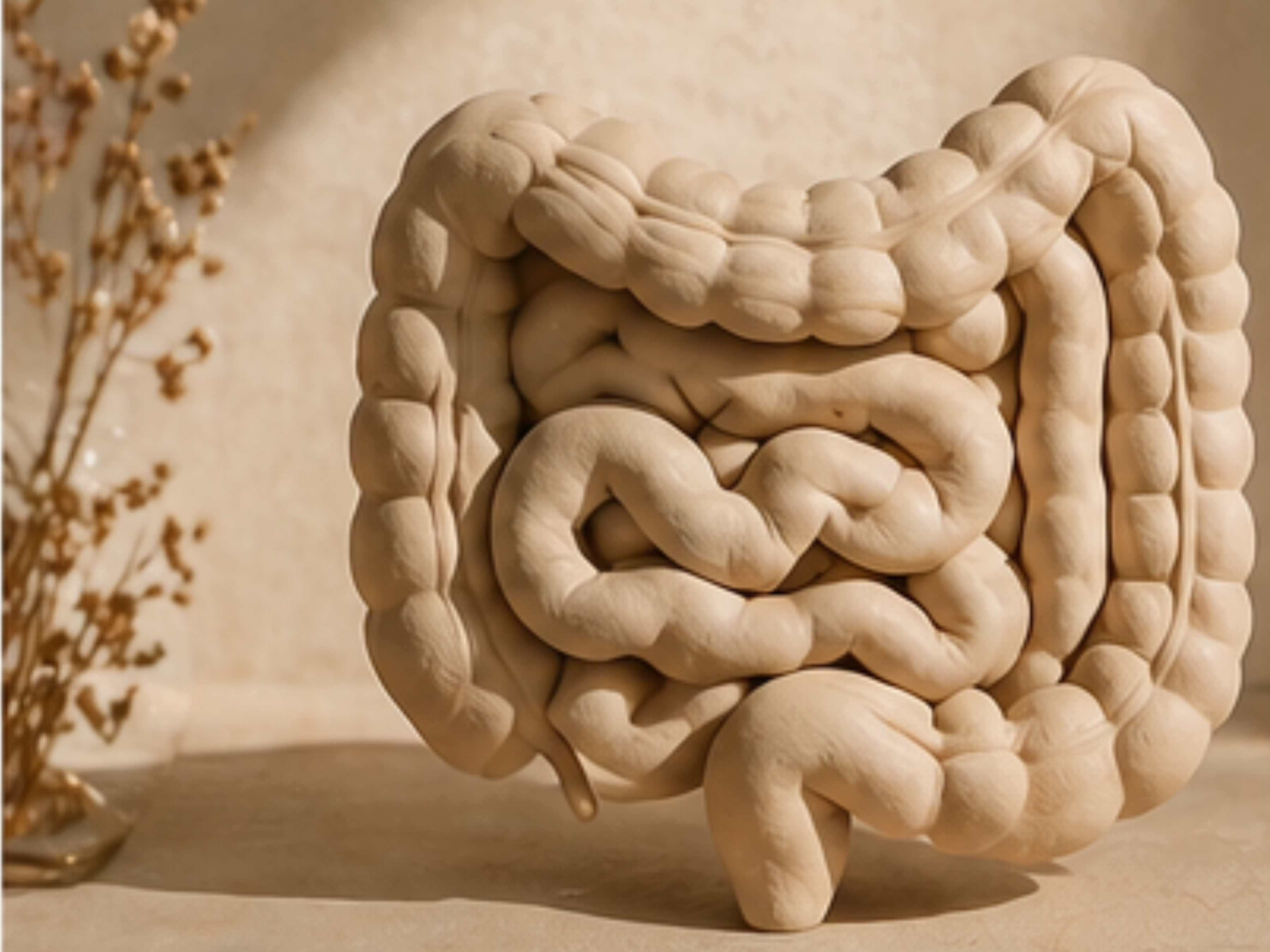 Ton-Skulptur eines Darms. Daneben getrocknete Deko-Pflanzen.