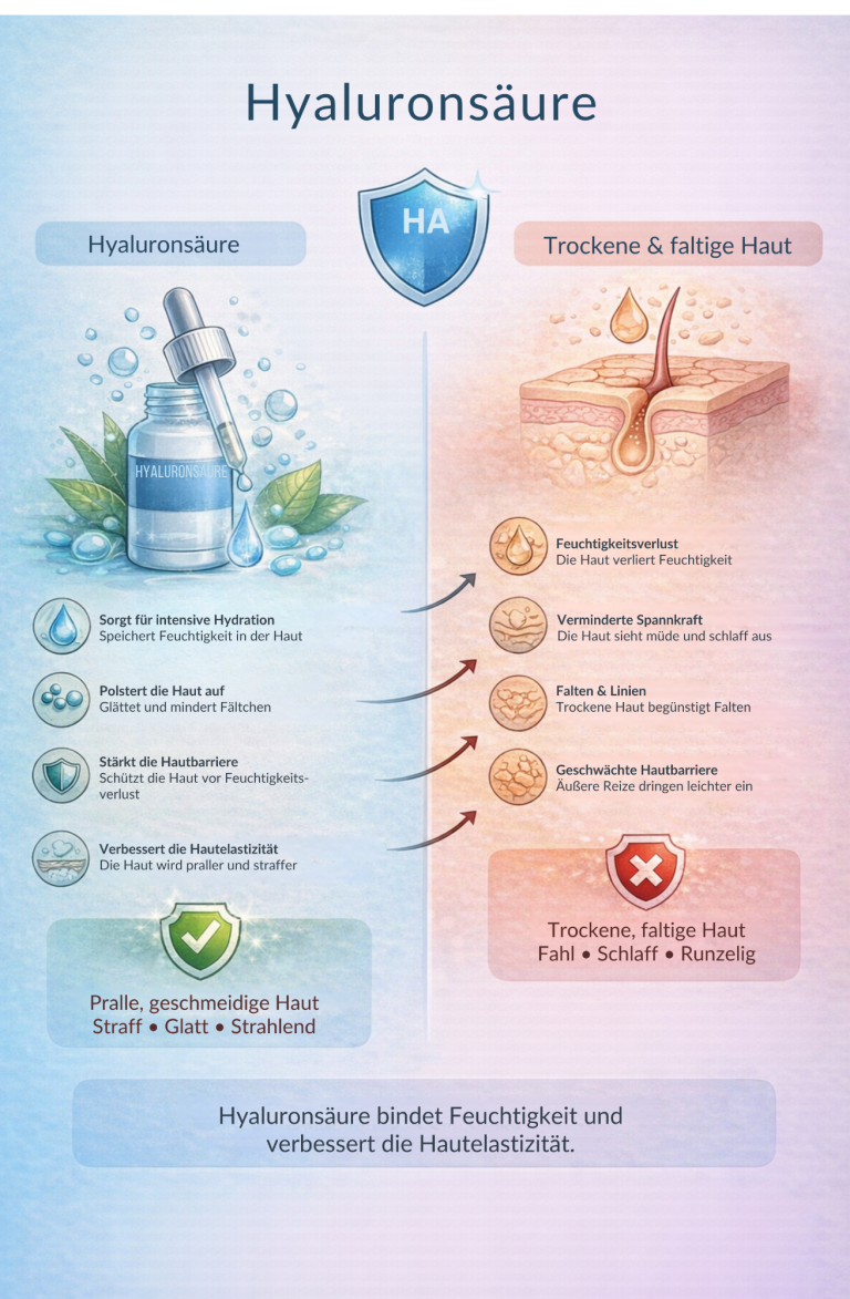 Vergleich von Hyaluronsäure und ihrer Wirkung auf die Haut mit Anwendungshinweisen.