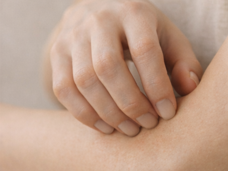 Eine Hand berührt den Arm.