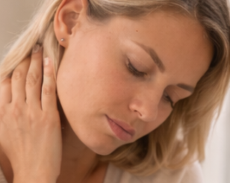 Frau mit schmerzendem Nacken, schaut nachdenklich und berührt sanft ihre Schulter.