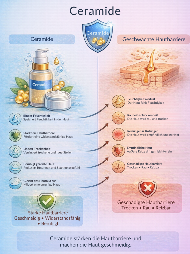 Illustration über Ceramide mit Produkten, Vorteilen und Eigenschaften für die Hautpflege.