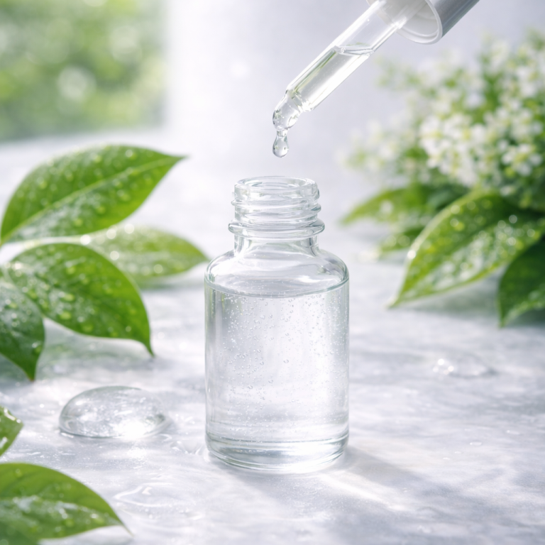 Klare Glasflasche mit Pipette, daneben frische grüne Blätter und Wassertropfen.