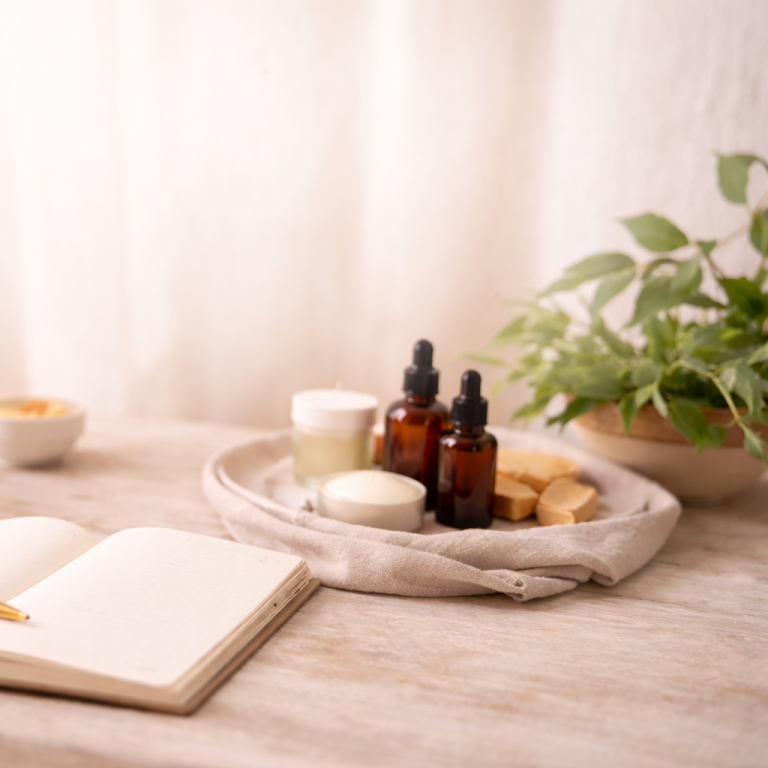 Hautpflegeprodukte auf einem Tisch: Cremes, Serum und ein Notizbuch.