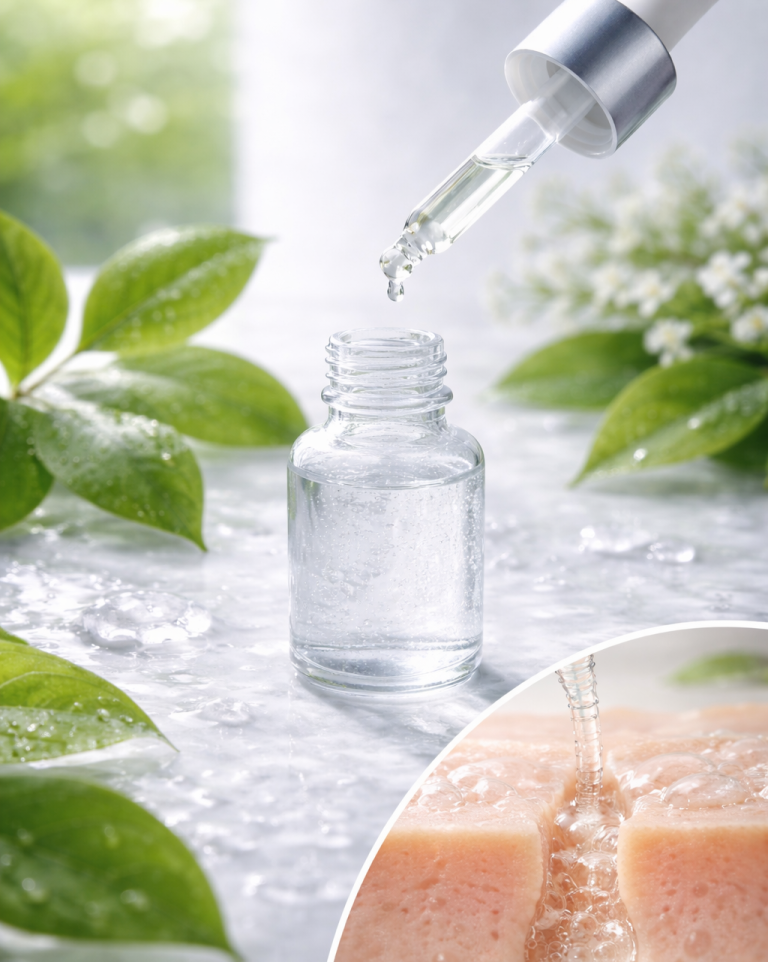 Glasfläschchen mit Pipette steht zwischen grünen Blättern und klarem Wasser.