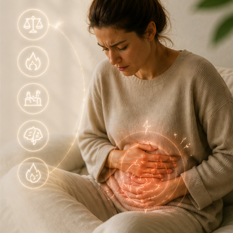 Frau mit Bauchschmerzen, umgeben von symbolischen Gesundheits-Icons.