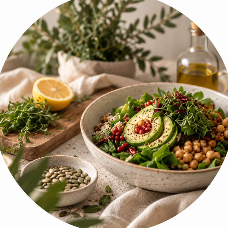 Ein gedeckter Tisch mit einer großen Salatbowl die mit Salat, Gemüse, Samen und Avocado gefüllt ist. Daneben ist noch eine Schale mit Kernen