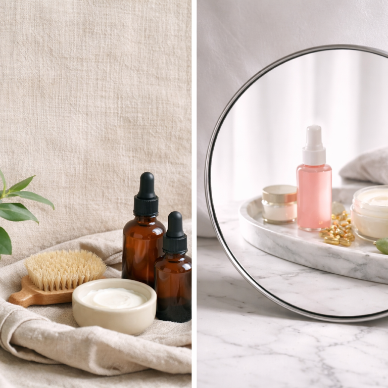 Hautpflegeprodukte, darunter Öle und Cremes, auf einem Marmoruntergrund mit Spiegel.