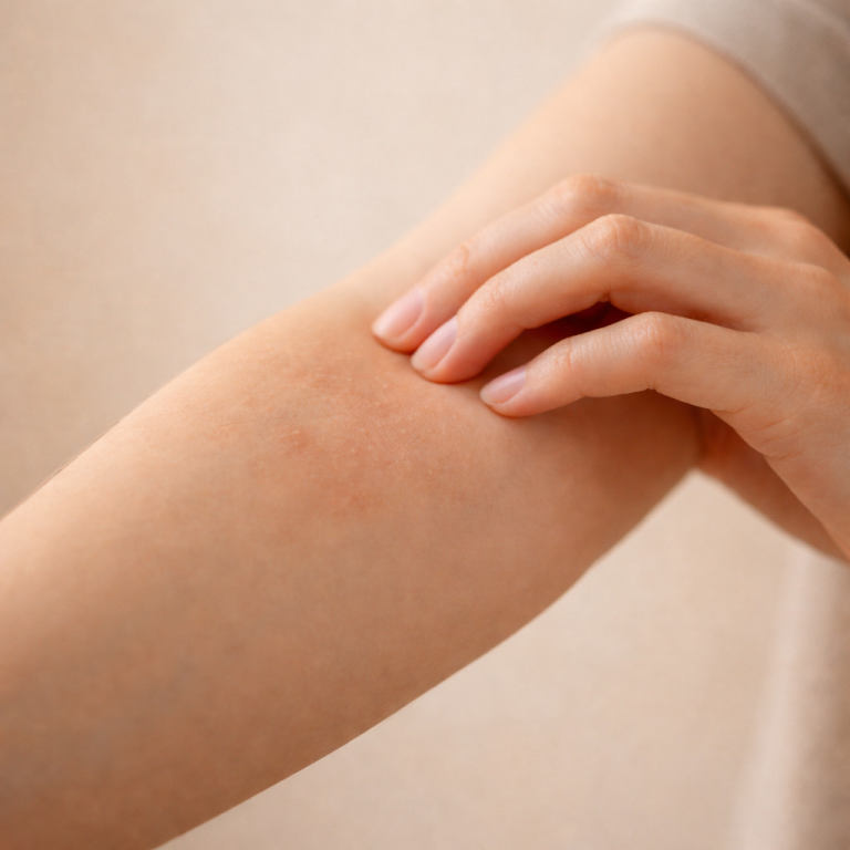 Hände berühren einen Arm mit sichtbaren Hautveränderungen.