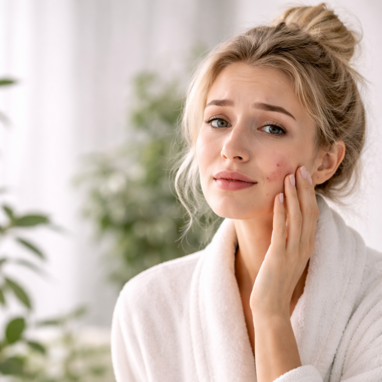 Junge Frau in einem Bademantel berührt nachdenklich ihr Gesicht.