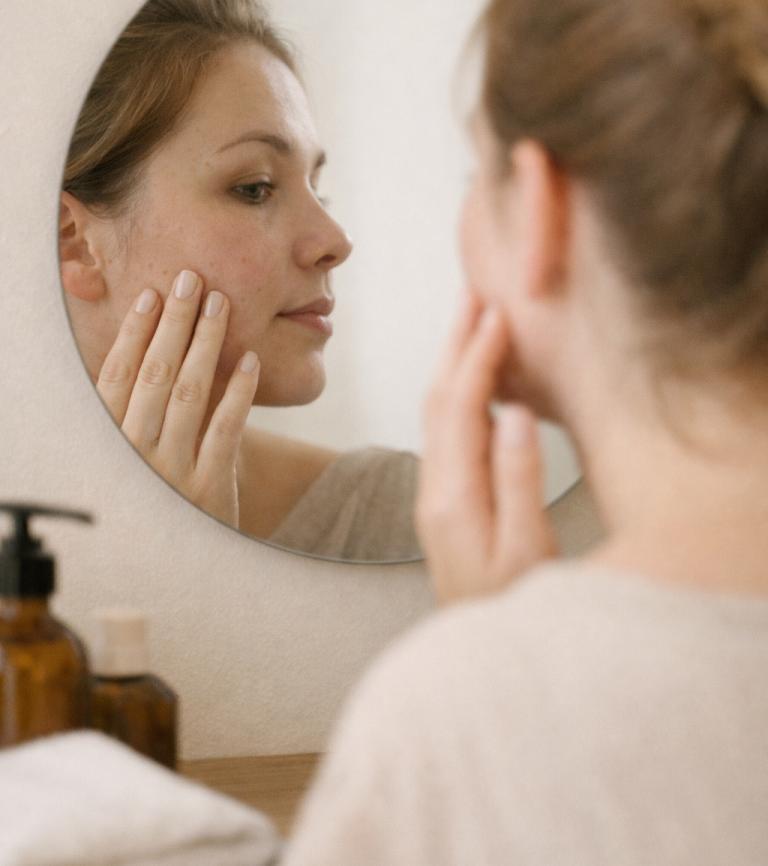 Frau betrachtet sich im Spiegel und berührt ihr Gesicht. Naturkosmetikprodukte im Vordergrund.