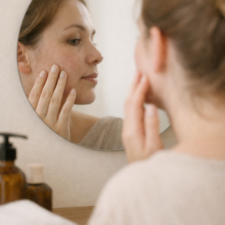 Frau betrachtet sich im Spiegel und berührt ihr Gesicht. Naturkosmetikprodukte im Vordergrund.