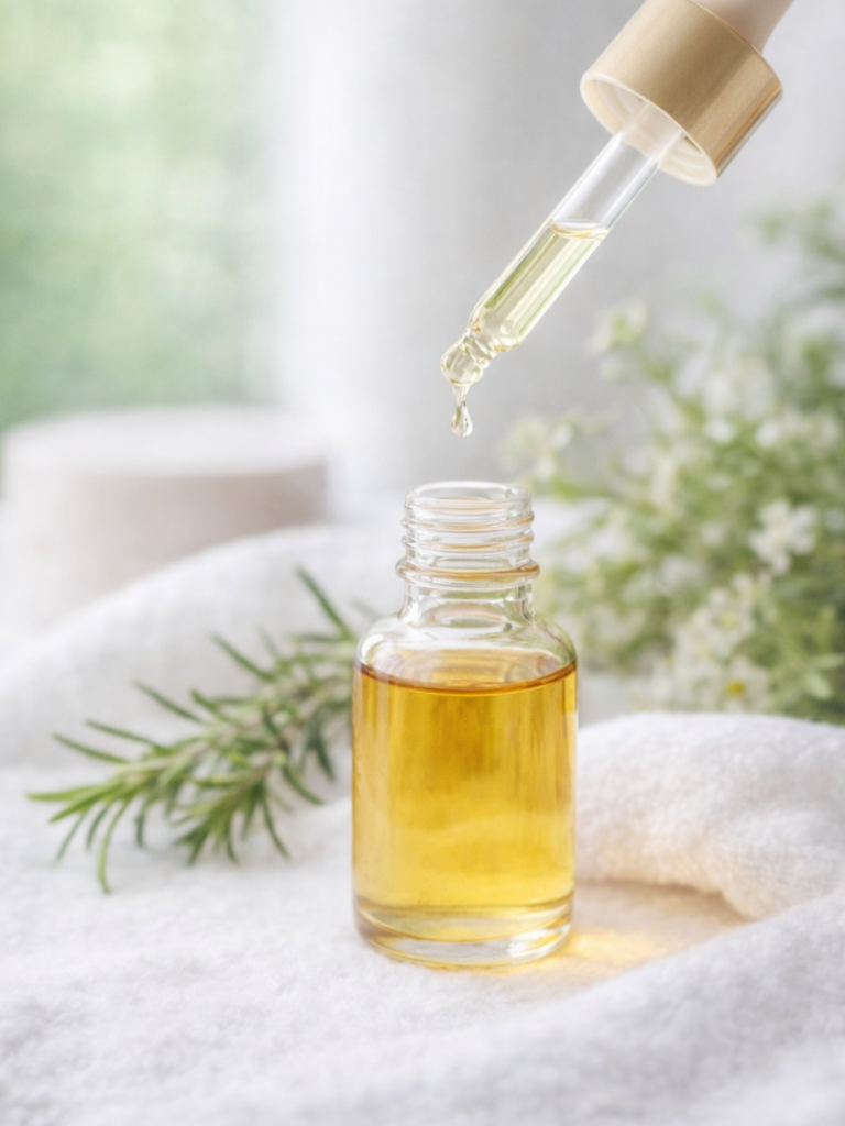 Glasflasche mit goldenem Öl und Pipette, umgeben von frischen Kräutern.