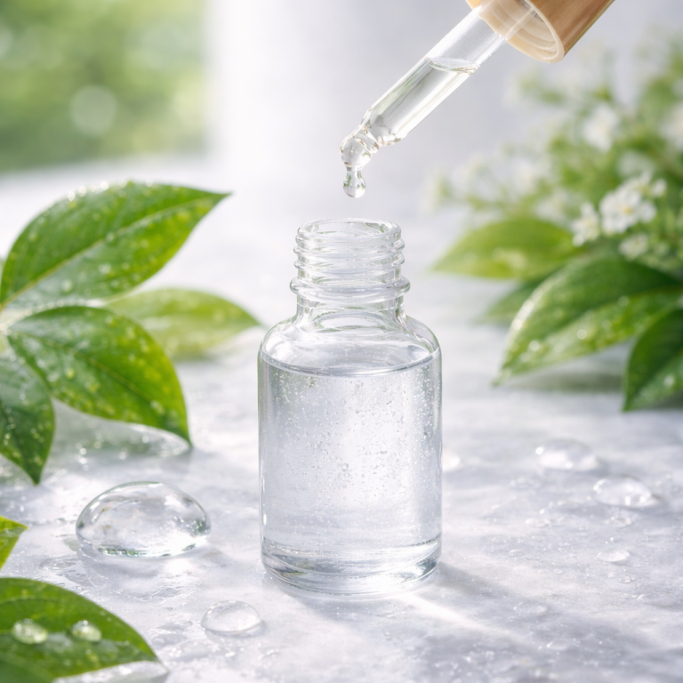 Eine Pipette mit klarem Serum über einer Glasflasche, umgeben von Pflanzen.