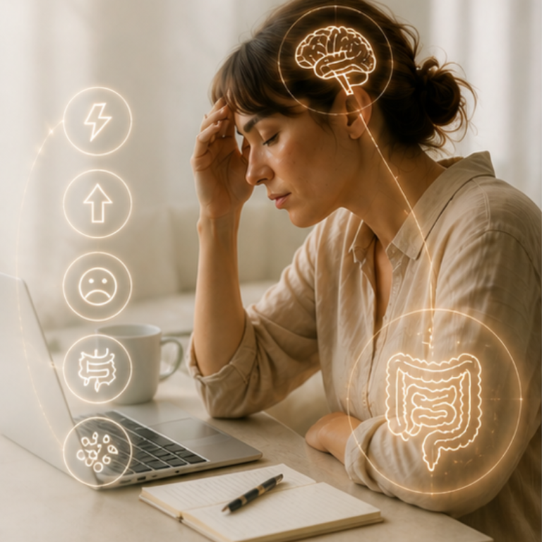 Frau mit Kopfschmerzen sitzt vor einem Laptop, umgeben von Symbolen für Stress und Gesundheit.
