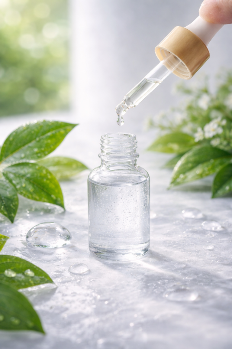 Eine Tropfflasche mit klarem Serum steht zwischen grünen Blättern.