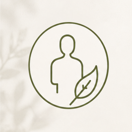 Symbol einer Person mit einem Blatt, das Nachhaltigkeit und Umweltbewusstsein darstellt.
