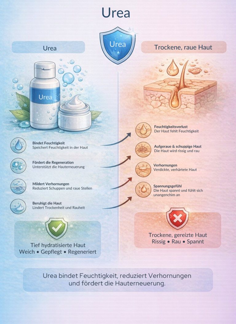 Produktvergleich Urea: links feuchtigkeitsspendend, rechts hautberuhigend und regenerierend.