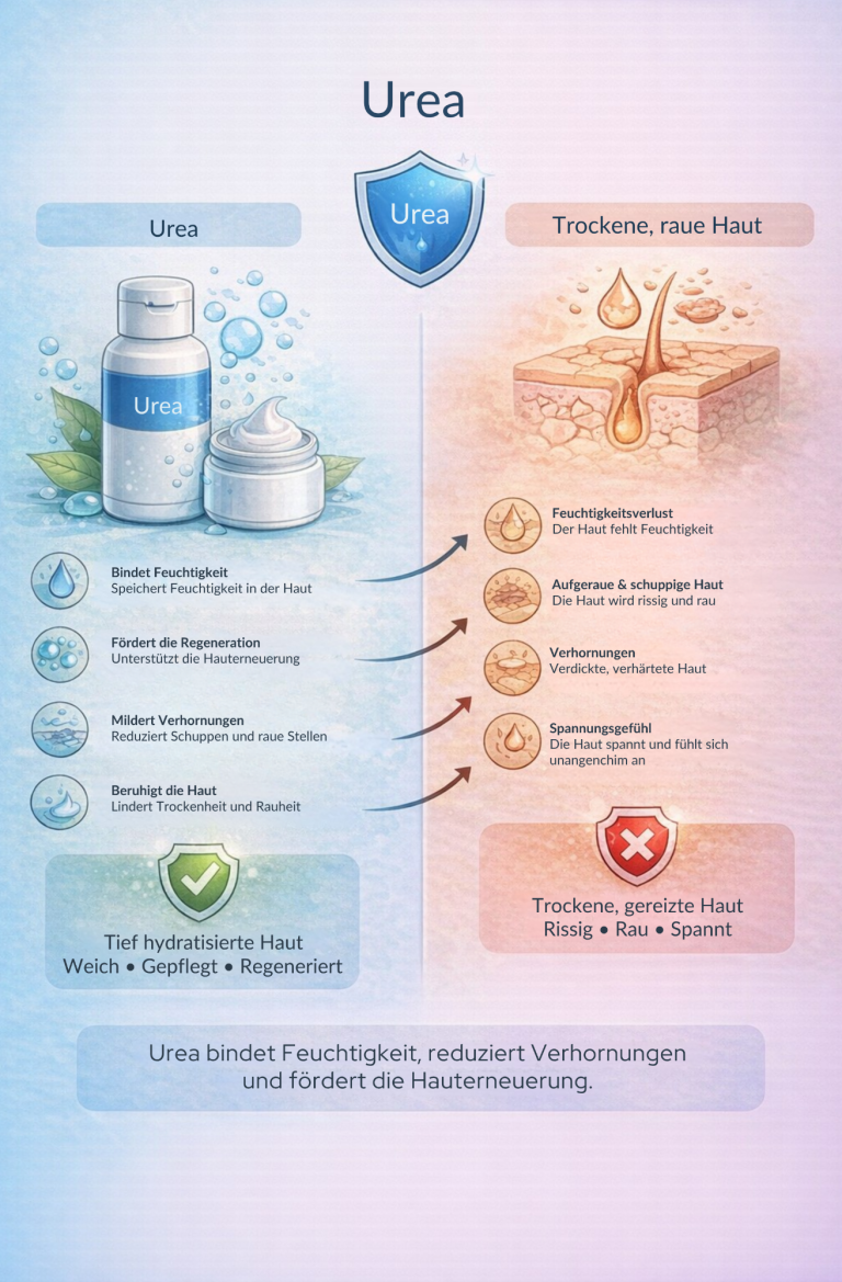 Produktvergleich Urea: links feuchtigkeitsspendend, rechts hautberuhigend und regenerierend.