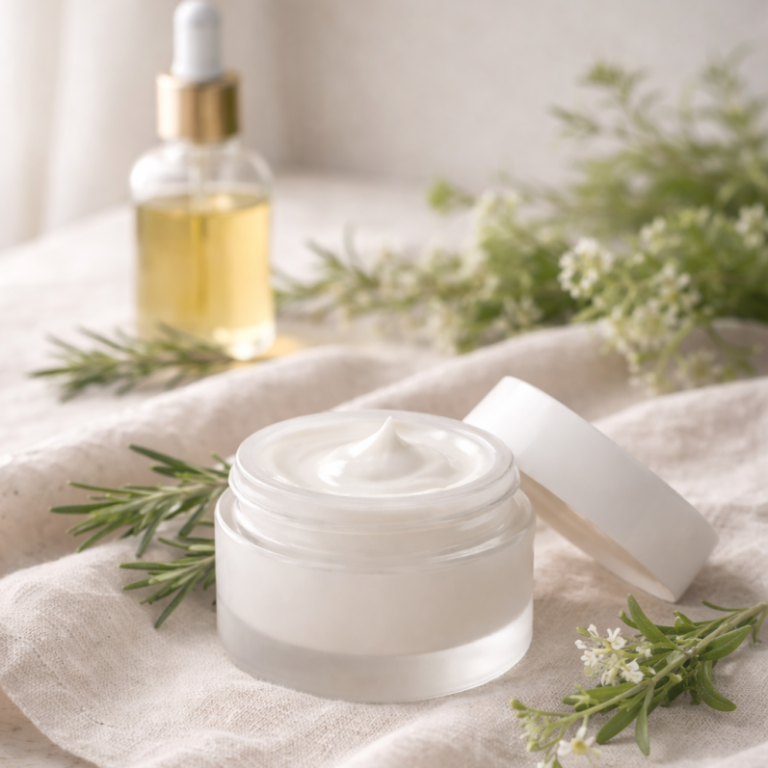 Gesichtspflegecreme in einem Glasbehälter, daneben eine Flasche mit Öl und frische Kräuter.