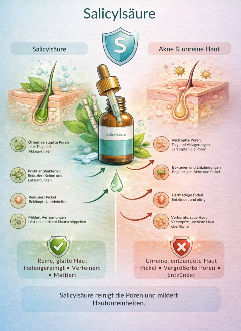 Illustration über Salicylsäure mit Wirkungsweise und Hauttypen.