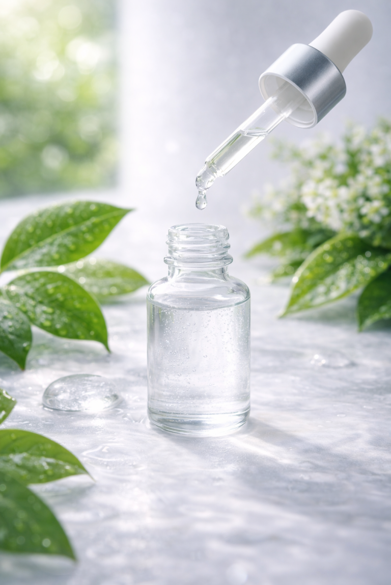 Eine Pipette tropft Flüssigkeit in eine klare Flasche, umgeben von grünen Blättern.