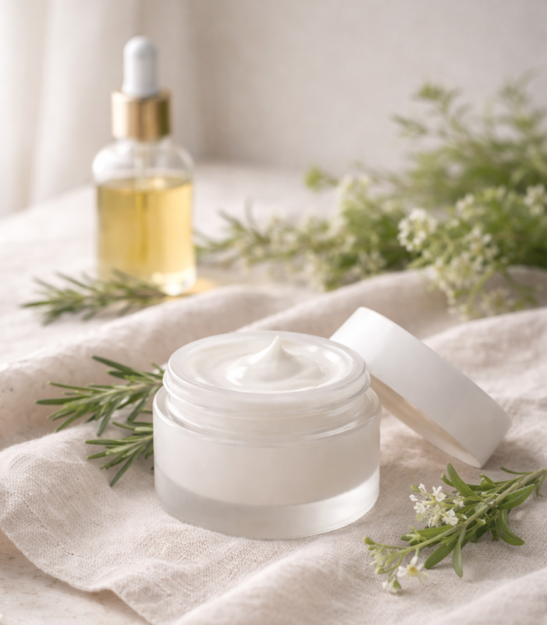 Weißes Cremeglas mit Deckel, umgeben von Pflanzen und einem Fläschchen Öl.