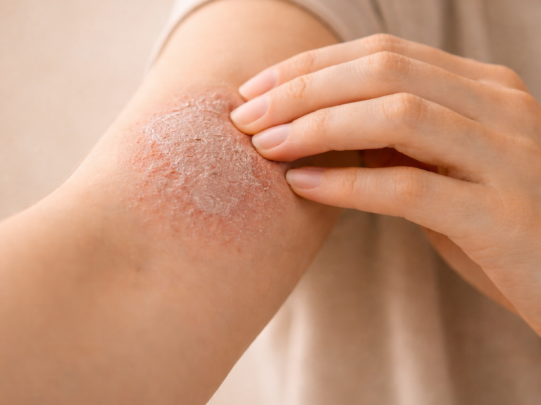 Hautausschlag auf dem Unterarm mit schuppiger, roter Stelle.