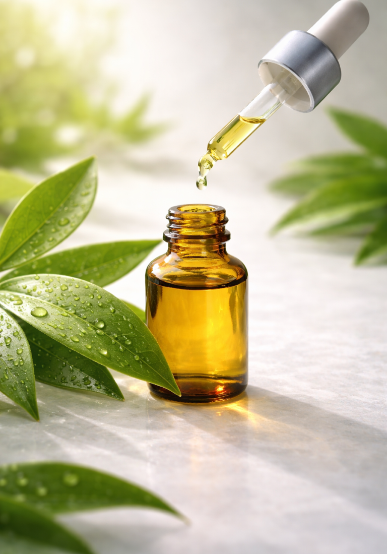 Braunes Fläschchen mit Pipette, umgeben von grünen Blättern und Wassertropfen.