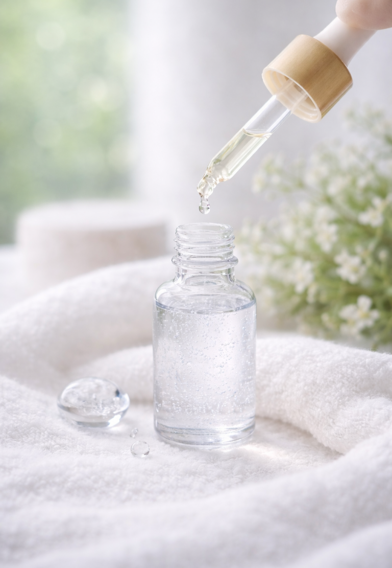 Glasflasche mit Pipette und klarem Öl, umgeben von einem weißen Tuch und Blumen.