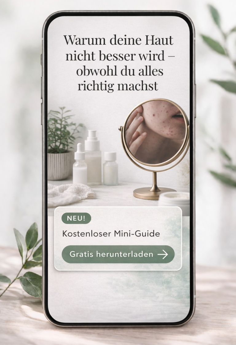 Frau betrachtet sich im Spiegel und berührt ihr Gesicht. Naturkosmetikprodukte im Vordergrund.